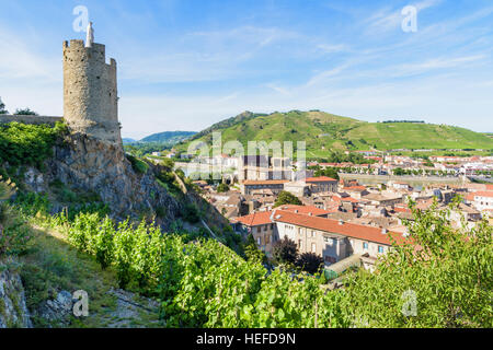 16. Jahrhundert Wachturm Tour de l'Hôpital umgeben von terrassierten Weinberge oberhalb von Tournon-Sur-Rhône, Ardèche, Frankreich Stockfoto