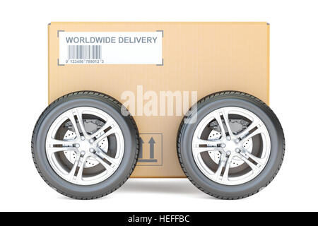 Paket mit Rädern, schnelle Lieferung-Konzept. 3D-Rendering isoliert auf weißem Hintergrund Stockfoto