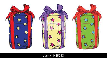 Geschenkboxen mit Sternen, gesetzt. Hand gezeichnet Doodle Vektor, Pop-Art, Comic-Stil illustration Stock Vektor