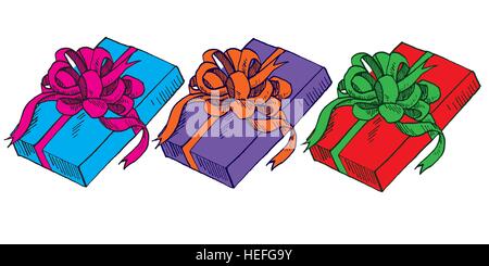 Geschenk-Boxen-Set. Hand gezeichnet Doodle Vektor, Pop-Art, Comic-Stil illustration Stock Vektor