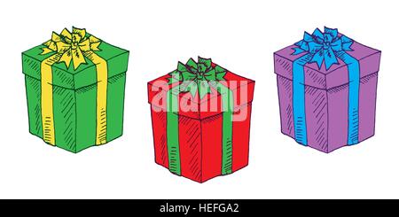 Geschenk-Boxen-Set. Hand gezeichnet Doodle Vektor, Pop-Art, Comic-Stil illustration Stock Vektor