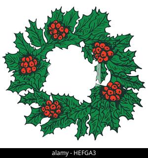 Holly Kreis Dekoration für Weihnachtsgrußkarte, doodle, skizzieren im Pop-Art-Stil, Vektor Stock Vektor