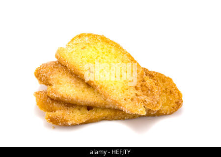 Schnittbrot Butter knusprig Belag Zucker auf weißem Hintergrund Stockfoto
