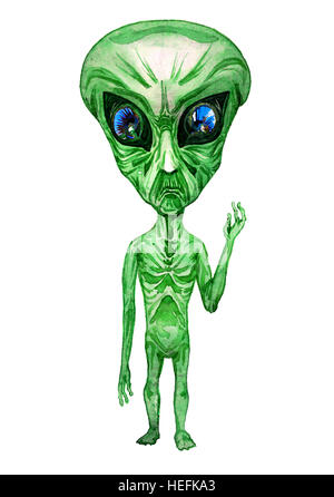 Porträt von grünen Alien, Hand bemalt Aquarell Abbildung Stockfoto