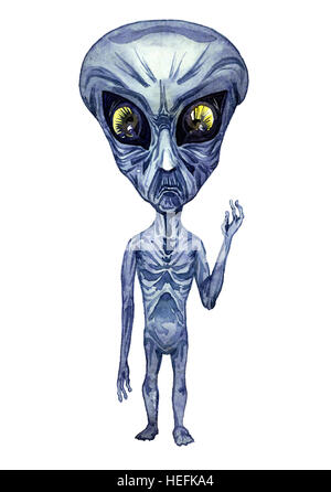 Porträt von grauen Alien, Hand bemalt Aquarell Abbildung Stockfoto