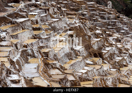 Maras der Saline im Heiligen Tal in der Nähe von Cuzco. Maras ist eine Stadt im Heiligen Tal der Inkas, 40 Kilometer nördlich von Cuzco in Cuzco Regio Stockfoto