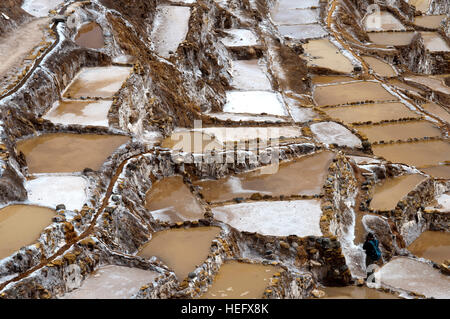 Maras der Saline im Heiligen Tal in der Nähe von Cuzco. Maras ist eine Stadt im Heiligen Tal der Inkas, 40 Kilometer nördlich von Cuzco in Cuzco Regio Stockfoto