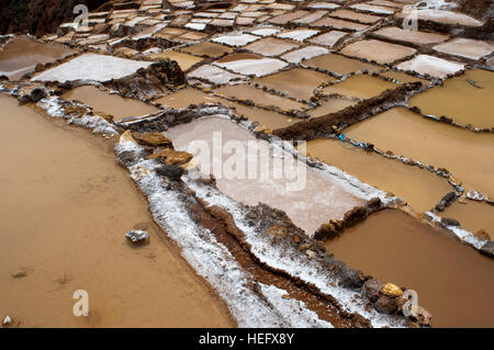 Maras der Saline im Heiligen Tal in der Nähe von Cuzco. Maras ist eine Stadt im Heiligen Tal der Inkas, 40 Kilometer nördlich von Cuzco in Cuzco Regio Stockfoto