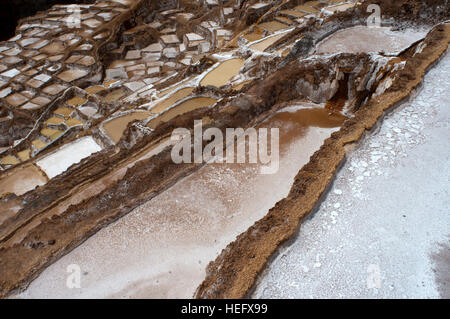 Maras der Saline im Heiligen Tal in der Nähe von Cuzco. Maras ist eine Stadt im Heiligen Tal der Inkas, 40 Kilometer nördlich von Cuzco in Cuzco Regio Stockfoto