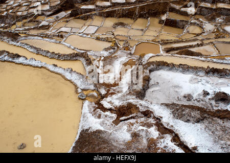 Maras der Saline im Heiligen Tal in der Nähe von Cuzco. Maras ist eine Stadt im Heiligen Tal der Inkas, 40 Kilometer nördlich von Cuzco in Cuzco Regio Stockfoto