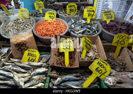 Fische und Garnelen zu verkaufen in Nuwara Eliya Markthalle, Central Province, Sri Lanka Stockfoto