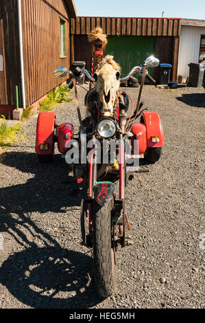 Eine maßgeschneiderte dreirädrigen Motorrad / Chopper geschmückt mit einem Pferd Totenkopf und Perücken. Stockfoto