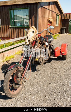 Eine maßgeschneiderte dreirädrigen Motorrad / Chopper geschmückt mit einem Pferd Totenkopf und Perücken. Stockfoto