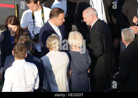 BRZEGI, Polen - 30. Juli 2016: World Youth Day 2016, Brzegi in der Nähe von Krakau o/p Antoni Macierewicz - polnische Minister für nationale Verteidigung Andrzej Duda Stockfoto