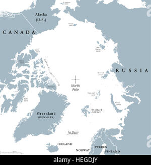 Politische Karte der arktischen Region. Polarregion rund um den Nordpol am nördlichsten Teil der Erde. Das Nordpolarmeer ohne Eis. Stockfoto