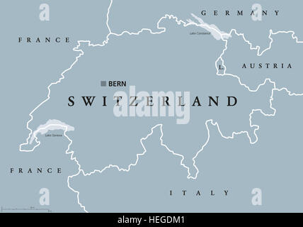 Schweiz politische Karte mit Hauptstadt Bern, nationale Grenzen und Nachbarländern. Schweizerischen Eidgenossenschaft eine Bundesrepublik. Stockfoto