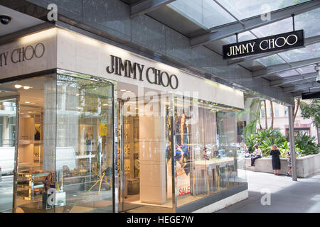 Jimmy Choo, britische Luxusmarke, speichern im Stadtzentrum von Sydney, Australien verkaufen Damen waren und Schuhe Stockfoto