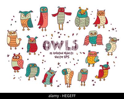 Isolierte Objekte doodles Farbe Vögel Eulen. Stock Vektor