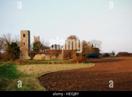 Ein Blick von der Ruine Martinskirche mit St Mary im Hintergrund Shotesham, Norfolk, England, Vereinigtes Königreich. Stockfoto