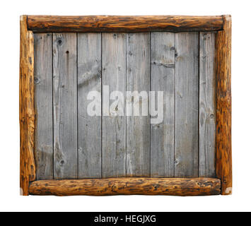 Alte Vintage Holz Grunge grau Alter rustikale Dielen Brett Panel mit Holzblock Grenze Rahmen, Textfreiraum in Mitte, isoliert auf weiss Stockfoto