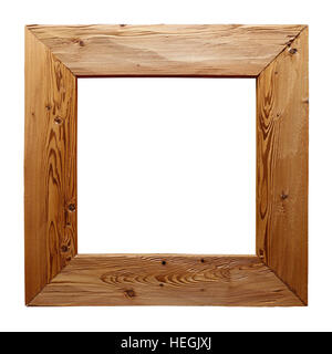 Rustikale unlackiert quadratische Bild, Fenster oder Spiegel Holzrahmen aus gebürstetem Naturholz isoliert auf weißem Hintergrund, Nahaufnahme Stockfoto