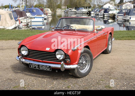 Cabrio rot Triumph TR5 in Werft mit Top-down Stockfoto