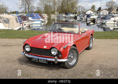 Cabrio rot Triumph TR5 in Werft mit Top-down Stockfoto