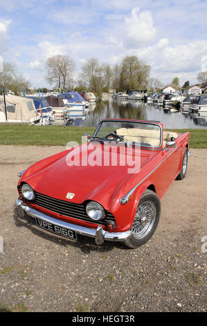 Cabrio rot Triumph TR5 in Werft mit Top-down Stockfoto