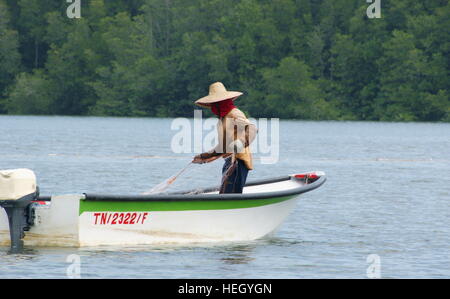 Mann fängt Fisch. Mengkabong Fluss, Kota Kinabalu, Sabah, Borneo, Malaysia. 22 Jun 2012 Stockfoto