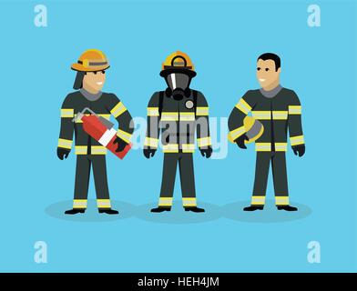 Feuerwehr-team Menschen flach Gruppenformat. Feuerwehrmann und isoliert, Feuerwehrmann Feuerwehrmann Helm, Sicherheitsdienst, Gefahr und Stock Vektor