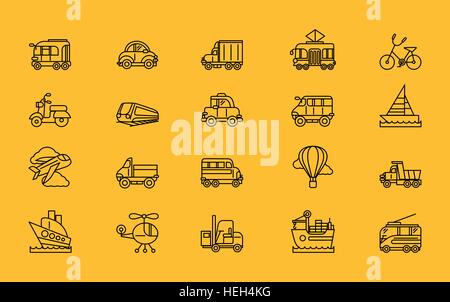 Satz von Transport dünne Linien, Gliederung, Striche Symbole. Verschiedene Arten von Transport Flugzeug Fahrrad Zug Auto, Ballon Stock Vektor