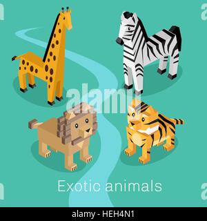 Exotisches Tier Bühnenbild isometrischen 3d. Exotisch und Tier, Tiere, Vektor, cartoon Tiere, wilde Löwen, cartoon-Tierwelt, Fauna Stock Vektor