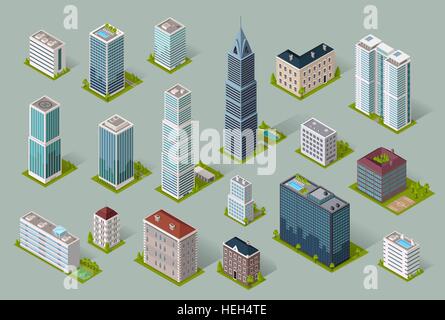 Wolkenkratzer-Logo-Gebäude-Symbol. Set von Gebäuden und isolierten Wolkenkratzer. Isometrische Turm und Büro Architektur der Stadt Stock Vektor