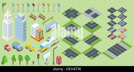 Isometrische Teil der Stadtinfrastruktur. Isometrische Stadt, Straße moderne, reale Struktur, Architektur außen 3d Karte, Stock Vektor