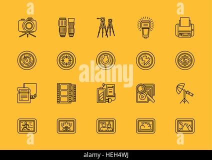 Satz von Fotoausrüstung dünne Linien, Gliederung, Schlaganfälle Symbole. Elemente der Bildbearbeitung. Digitalkamera mit Bildern Stock Vektor