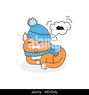 Schlafende Katze im Hut und Schal Design. Kätzchen schlafen oder schlafen, niedlichen Cartoon Tier Haustier, Hauskatze Schlaf in Hut isoliert Kat Stock Vektor