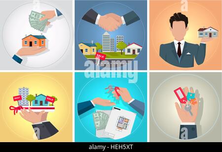Kauf Verkauf und Vermietung von Immobilien. Kauf Verkauf und Vermietung von Immobilien. Schlüsselbund in der Hand. Vertreter oder Verkäufer von real Stock Vektor