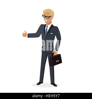 Businesman Show Geste Thumb Up. Businesman Show Geste Daumen. Erfolgreiche Jüngling in Gläsern tun Geschäft Handbewegung Stock Vektor