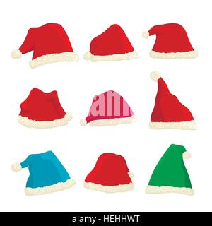 Verschiedene Hüte von Santa Claus an Weihnachten und Silvester isoliert auf weiss Stock Vektor