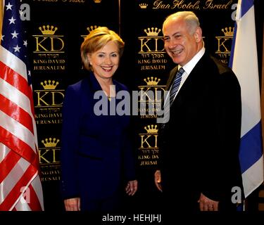 US-Außenministerin Hillary Clinton trifft sich mit israelischen Premierminister designierte Benjamin Netanyahu auf das King David Hotel March 3, 2009 in Jerusalem, Israel. Stockfoto