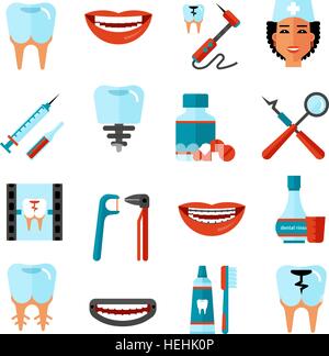 Zahnpflege-Icon-Set. Flache dekorative Symbole Zahnpflege set mit Zahnarzt Werkzeuge Zähne Pflegeprodukte und weißes Lächeln Stock Vektor