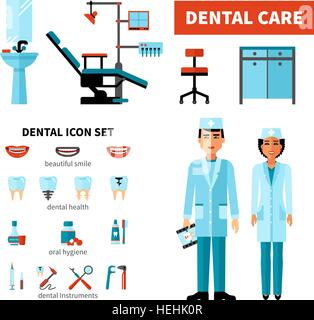 Zahnarzt Design-Konzept. Zahnarzt Design-Konzept mit Stomatologen Zahnklinik Ausrüstung und Zahnpflege-Icon-Set isoliert Stock Vektor