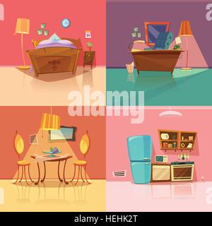 Retro-Bühnenbild. Inneren Retro set mit Schlafzimmer Esszimmer Büro und Küche Cartoon isoliert Vektor-illustration Stock Vektor