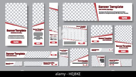 Satz von Web-Banner in Standardgrößen. Vorlagen mit Platz für Foto und diagonalen Streifen und Button. Vektor-illustration Stock Vektor