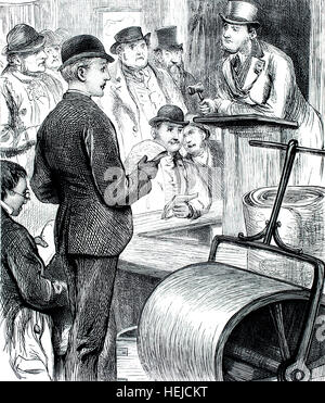 Der Verkauf in The Hall, Auktion Szene, Illustration von 1884 Chatterbox wöchentlichen Kinder Papier Stockfoto