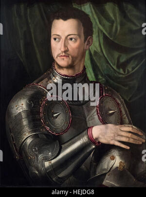 Bronzino - Agnolo di Cosimo di Mariano (1503-1572), Porträt von Cosimo ich de' Medici in Rüstung, ca. 1545. Cosme ich de Médicis Armadura con. Stockfoto