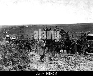 Private schüttelte versucht, Maultiere schleppen eine amerikanische Munition Wagen bewegen stecken in der Straße hielt den Vormarsch der gesamten Spalte.  St. Baussant, östlich von St. Mihiel, Frankreich, 13. September 1918.  Sgt. J. A. Marshall.   (Armee) NARA-Datei #: 111-SC-20902 & Konflikt Krieg Buch #: 585 stecken American Munition Kombi HD-SN-99-02244 Stockfoto