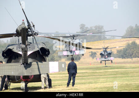 Kalifornien-Army und der Air National Guard Helikopter-Piloten aus dem 1. und 3. Bataillon des 140. Aviation Battalion (Air Assault), Sitz in Los Alamitos, Stockton und Mather und der 129. Rescue Wing aus Mountain View, fliegen ihre UH-60 Black Hawks und HH-60 Pave Hawk, 29. August 2013, auf der Bad-Website unter Kirsche Lake dam gerade westlich von Yosemite National Park zu verschiedenen Eimer fallen Stätten in der Nähe. Das Flugzeug vom Abwurf zu dunking, manchmal mit anderen zivilen Hubschrauber gedreht und konnten mehr als 20 Eimer vor Zwischentanken fallen. Die Piloten bewegen, unter der Regie von Cal Fire ma Stockfoto