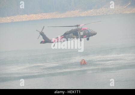 Kalifornien-Army und der Air National Guard Helikopter-Piloten aus dem 1. und 3. Bataillon des 140. Aviation Battalion (Air Assault), Sitz in Los Alamitos, Stockton und Mather und der 129. Rescue Wing aus Mountain View, fliegen ihre UH-60 Black Hawks und HH-60 Pave Hawk, 29. August 2013, auf der Bad-Website unter Kirsche Lake dam gerade westlich von Yosemite National Park zu verschiedenen Eimer fallen Stätten in der Nähe. Das Flugzeug vom Abwurf zu dunking, manchmal mit anderen zivilen Hubschrauber gedreht und konnten mehr als 20 Eimer vor Zwischentanken fallen. Die Piloten bewegen, unter der Regie von Cal Fire ma Stockfoto