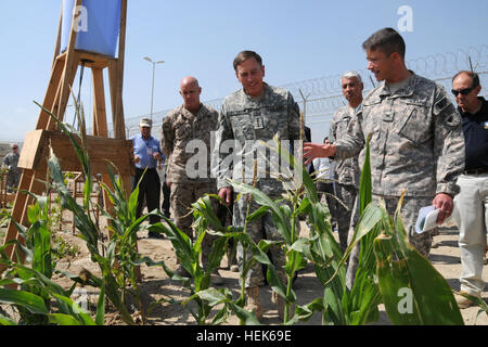 Oberst Robert K. Burk erklärt General David H. Petraeus wie Häftlinge Landwirtschaft und anderen landwirtschaftlichen Fähigkeiten in der Haftanstalt in Parwan (DFIP) vermittelt werden. Petraeus, Kommandeur der NATO und der ISAF-Truppen in Afghanistan, besichtigten die Anlage 27 Sept. um aus erster Hand zu sehen, wie Operationen voran seit seiner im Dezember 2009 Eröffnung. Gefangene erhalten medizinische und zahnmedizinische Versorgung, neben pädagogischen Unterricht und berufliche-technischen Ausbildung, die darauf abzielt, die Gefangenen wieder in die Gesellschaft zu reintegrieren. Die Anlage verfügt auch über große Erholungsgebiete, eine Familie Vis Stockfoto